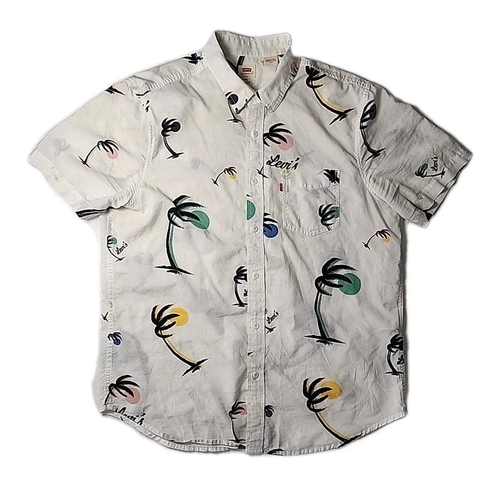 VTG Levi's Men's Tropical Large White AOP Palm Trees Short Sleeve Button Shirt
